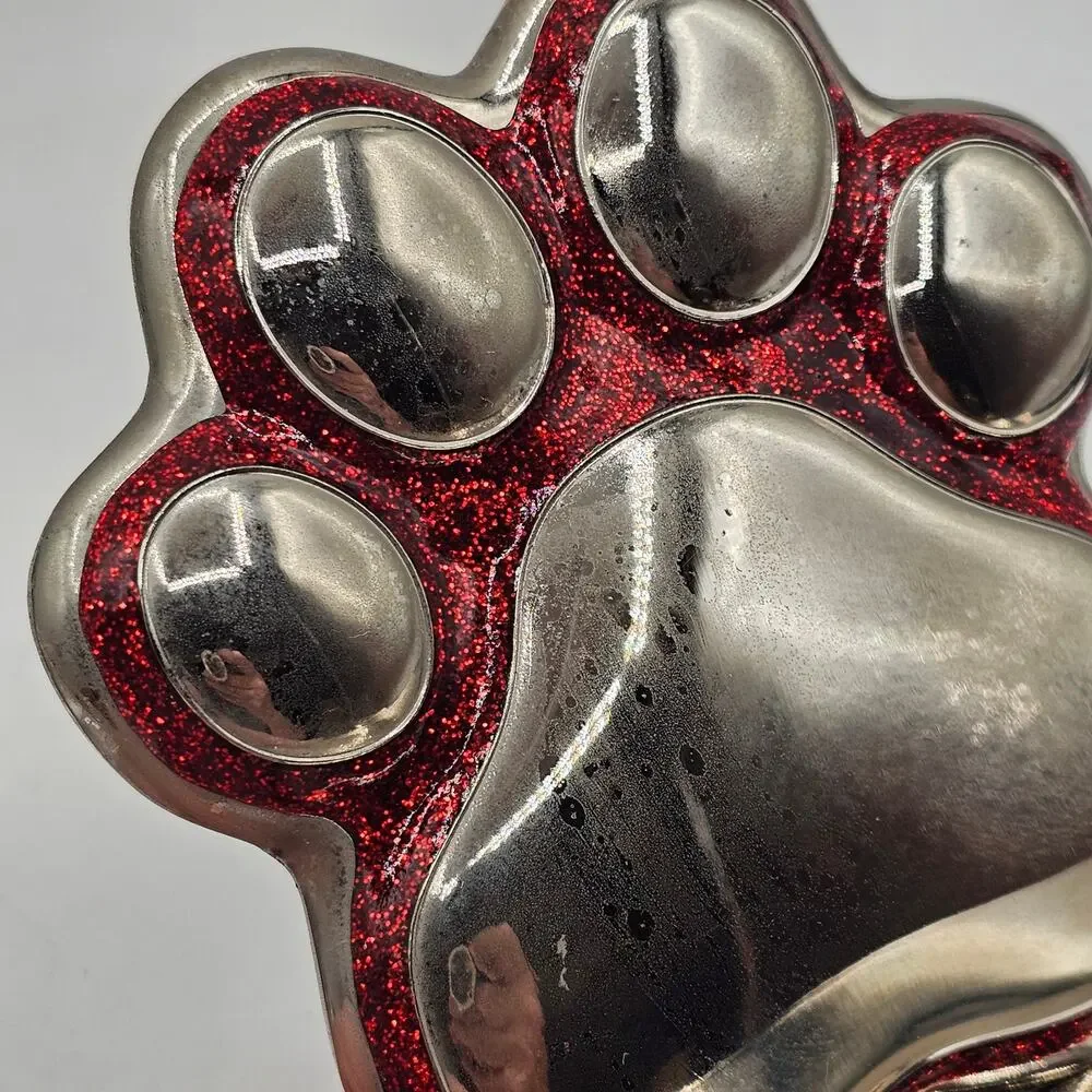 Set of 2 Silver Metal Paw Print Stocking Holder Sparkly Red and Green Christmas